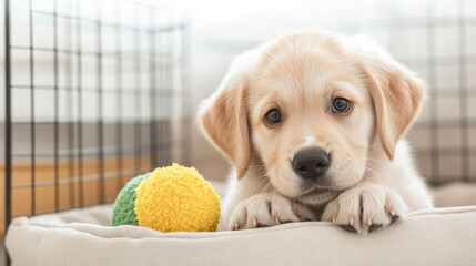 Golden labrador retriever puppy lying in its soft crate with a colorful chew toy, enjoying a moment of rest and playfulness