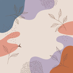 Vector illustration. Abstract composition with smooth shapes and accents in the form of contour leaves. The main colors are beige, pink, blue, orange.