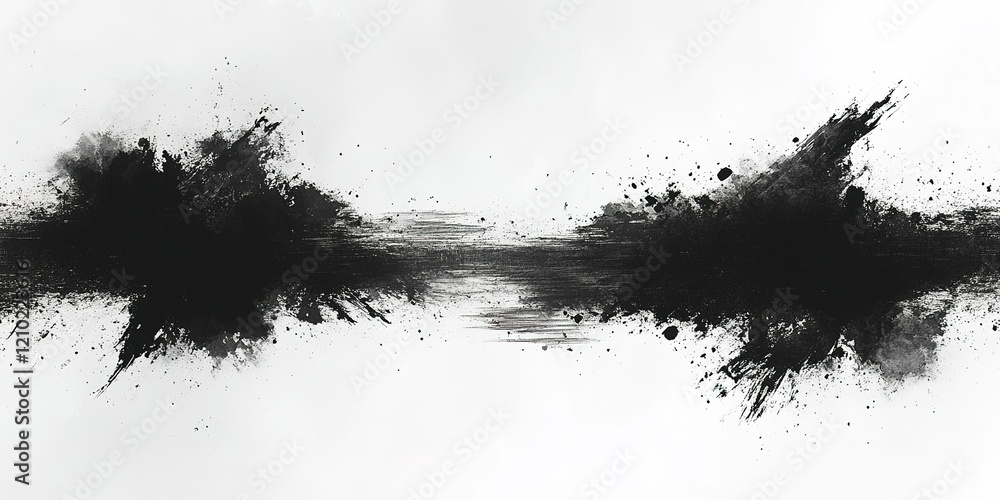 Poster abstract black ink splatters create dynamic contrast on a white background in an artistic representa