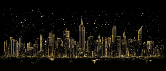 Golden City Night Skyline, Stars, Print
