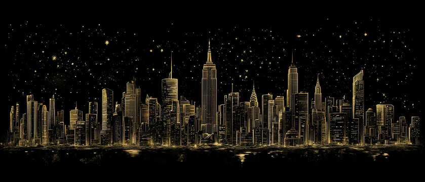 Golden City Night Skyline, Stars, Print