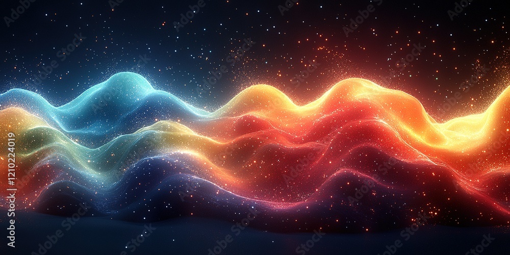 Poster colorful abstract waves create a mesmerizing visual effect with glowing particles and dynamic shapes