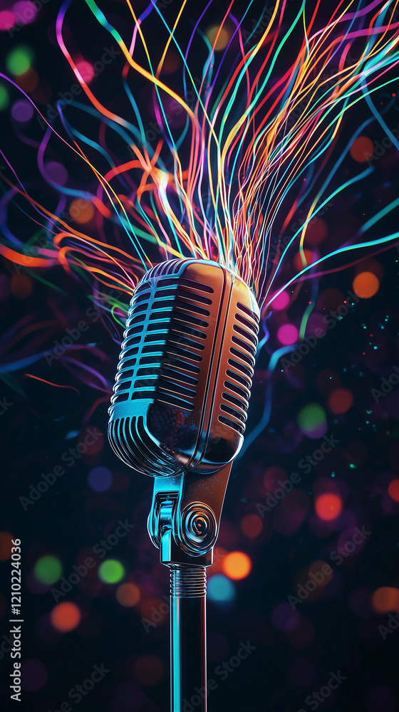 Poster dynamic music streaming experience a vibrant microphone setup for entertainment in a colorful enviro
