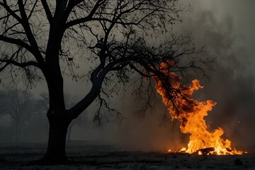 A leafless tree silhouette against a smoky backdrop, with flames consuming nearby vegetation, depicting the intensity of a raging wildfire and the vulnerability of nature.

