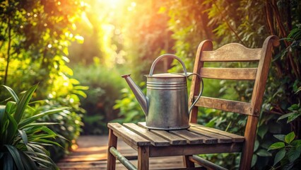 Serene garden scene  A weathered wooden chair holds a vintage metal watering can, bathed in the golden light of a summer sunset.