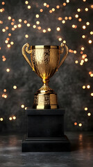 Golden trophy award, lights, celebration, victory, achievement
