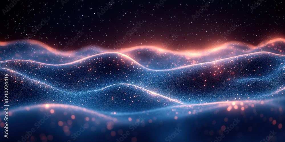Poster glowing waves of light create a mesmerizing visual effect against a dark background at night