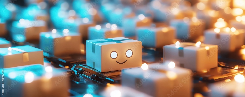 Poster logistics robots sorting packages warehouse digital art high-tech environment close-up view automati