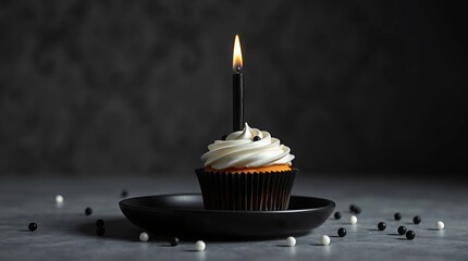 A single monochrome cupcake with pure white frosting and a sleek black candle, placed to the side of a matte black ceramic plate, subtle scattered black and white edible pearls for decoration