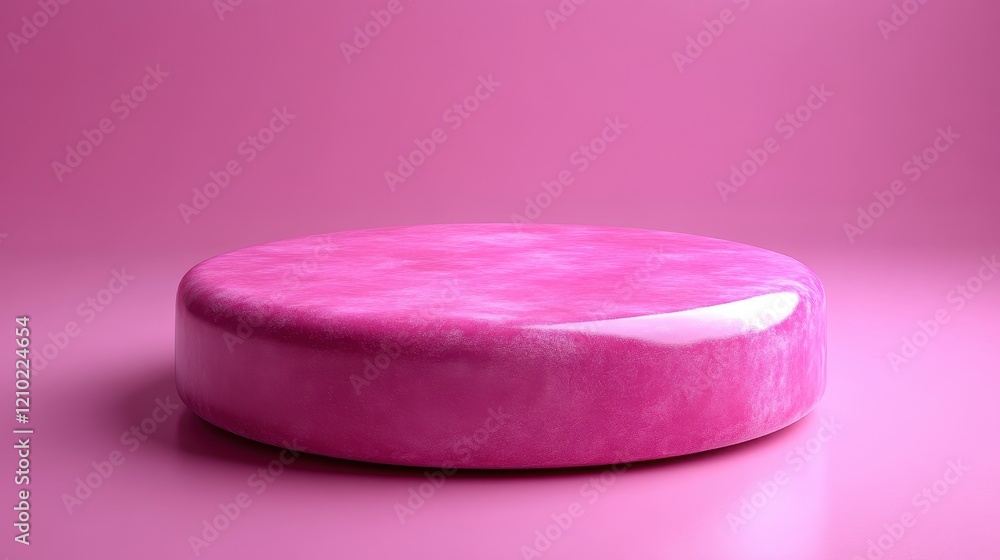 Poster a glossy, pink circular object on a matching pink surface.