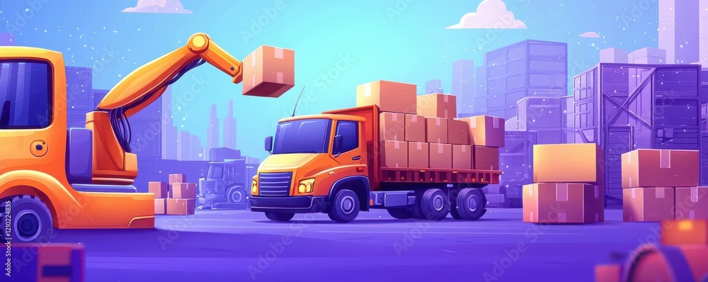 Poster robotic arms loading boxes cartoon warehouse colorful animation industrial setting dynamic view mode