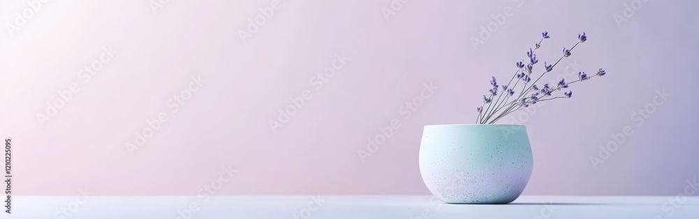 Aufkleber soft lavender stems in a minimalist white pot on a gentle pastel background creating a serene atmosp