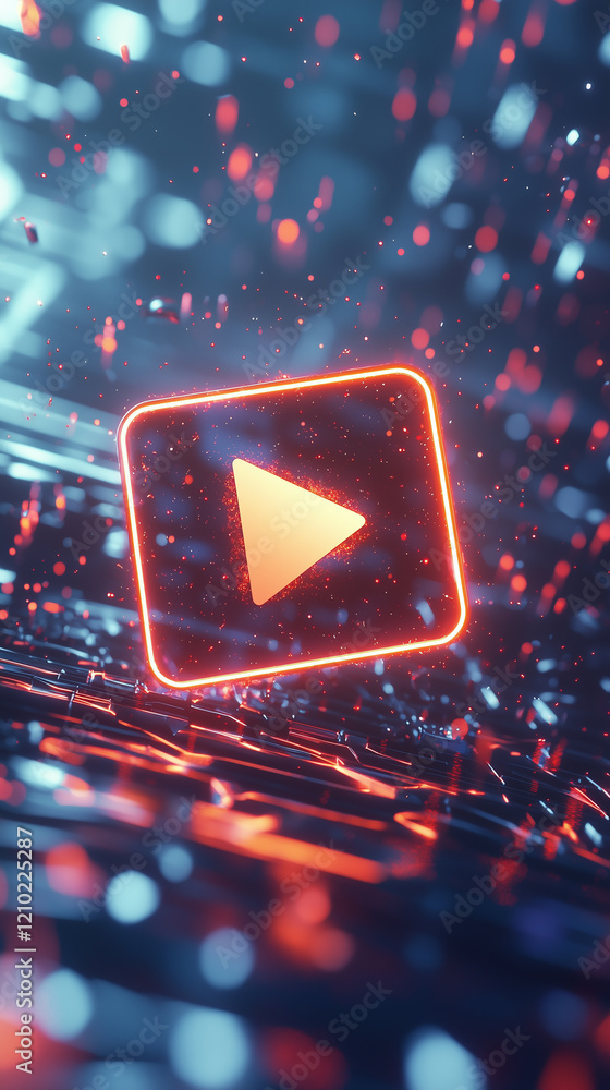 Poster dynamic play button music streaming application launch event digital space video content futuristic 