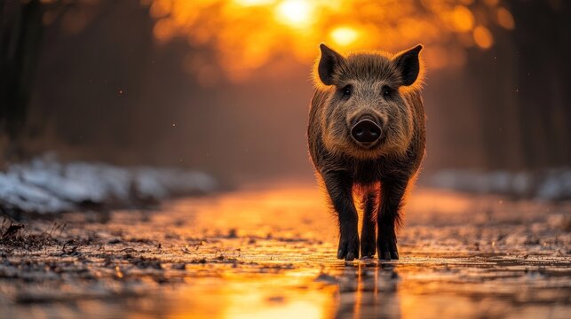 Wild boar sunset forest path winter