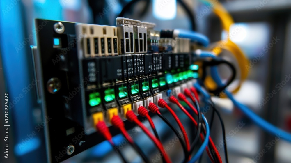 Poster network cables with red and yellow connectors are connected to a server in a modern data center, wit