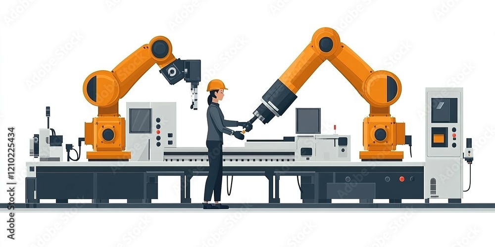 Poster advanced robotic arms in a factory setting assisting a worker with precision tasks during the day