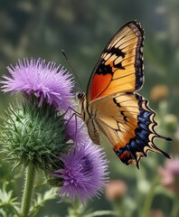 Obraz premium butterfly collecting pollen from the stamen of a thistle violet, garden flowers, floral