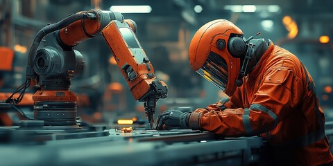 Technician works with robotic arm in a high-tech industrial facility during evening hours