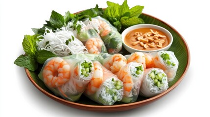 A colorful plate of Vietnamese summer rolls with shrimp, rice noodles, lettuce