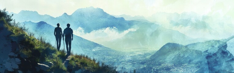 Obraz premium Stunning watercolor landscape of two hikers enjoying a breathtaking mountain view at dawn