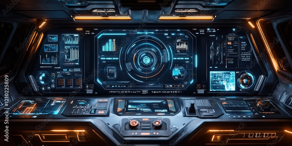 Poster futuristic control panel showcasing advanced technology and user interface design in a sleek environ
