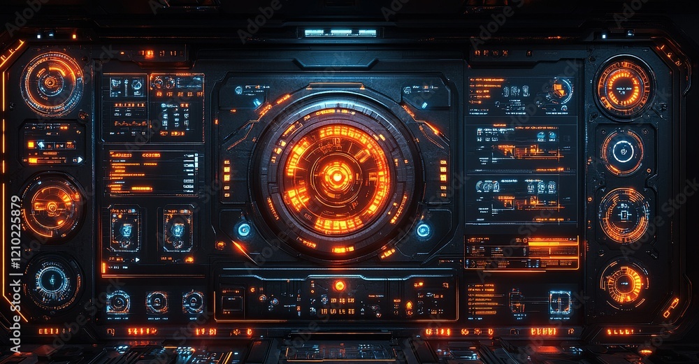 Poster technological dashboard with orange accents and futuristic interface displaying various metrics and 