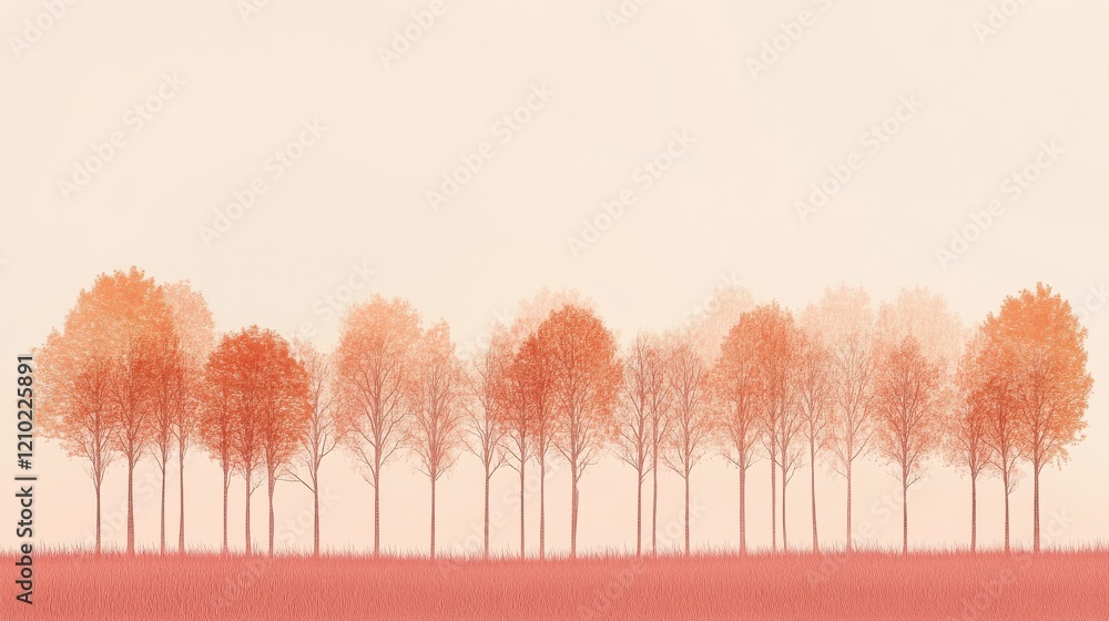 Poster soft coral silhouette of a tree line against a muted background at sunset creating a tranquil atmosp