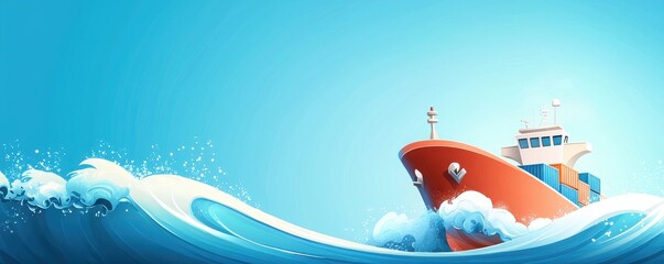 Cargo ship navigating through waves ocean cartoon illustration bright environment aerial view vibrant concept