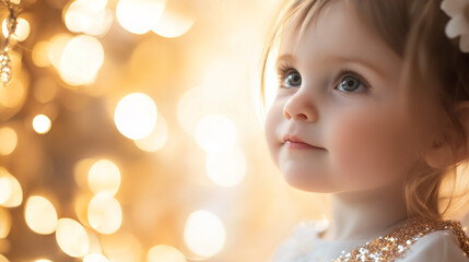 Fototapeta premium Cute child gazing at festive lights during holiday season celebration