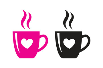 Tea cup, coffee cup silhouettes with white background and color versions vector illustration, Tea and coffee cup with love  set icon, logo isolated on white background