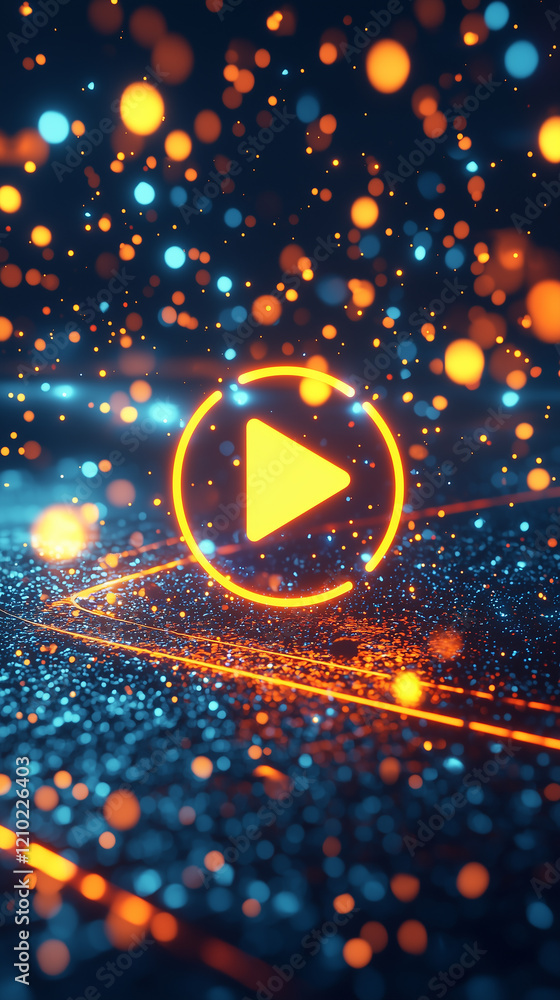 Poster dynamic play button music streaming experience in a digital environment exploring entertainment thro