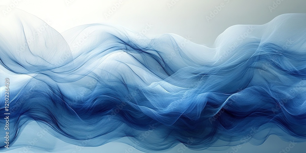 Poster abstract waves of blue flows creating a serene atmosphere in a minimalist design setting