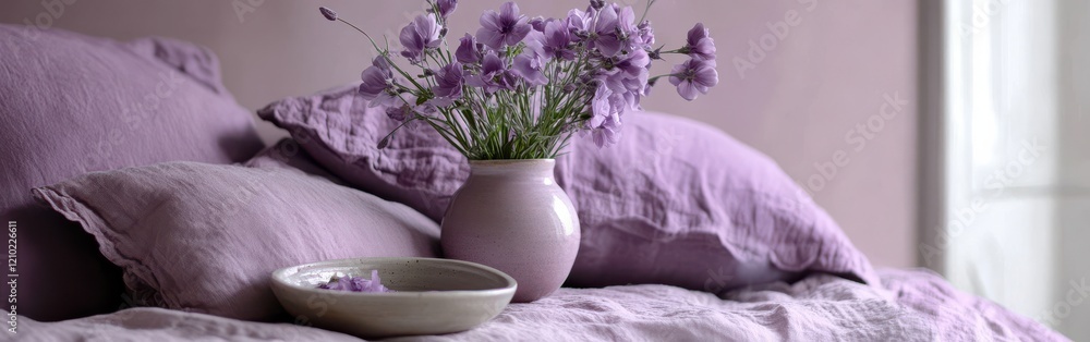 Aufkleber soft lavender tones create a calming atmosphere in a serene bedroom setting with fresh flowers and e