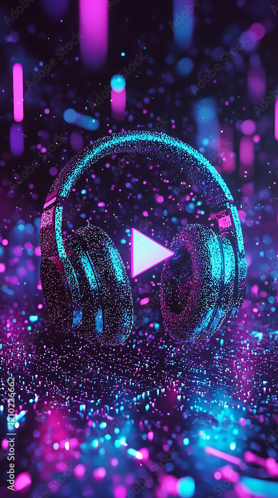 Poster immersive play button music streaming experience digital realm visual art neon environment dynamic v