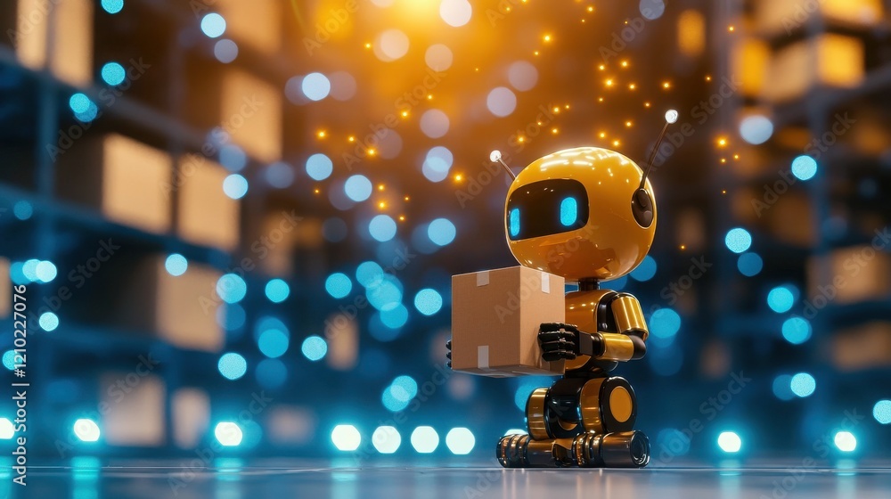 Aufkleber adorable animated robots loading and unloading packages in a high-tech warehouse environment