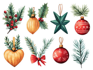 Watercolor Christmas Ornaments Holly Pine Branches Festive Holiday Decorations