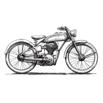 recommend clip art: Vintage motorcycle sketch, side view, detailed line art drawing.