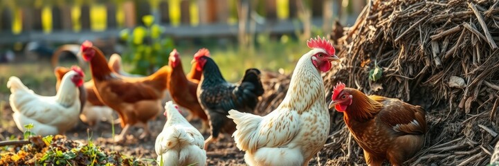Fototapeta premium Chickens forage through the compost pile on a warm summer morning, feathers, foraging