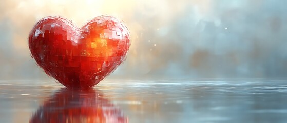 Luminous red heart reflecting on water.