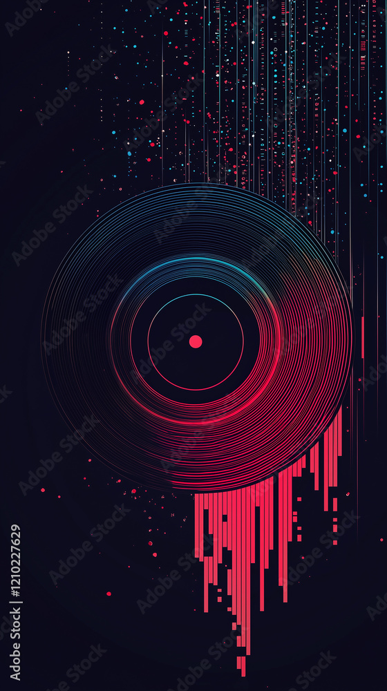 Poster abstract digital art featuring a circular design with vibrant colors and a glitch effect, evoking a 