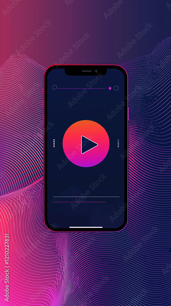 Aufkleber play button on modern smartphone displaying a colorful media player interface against a vibrant abst
