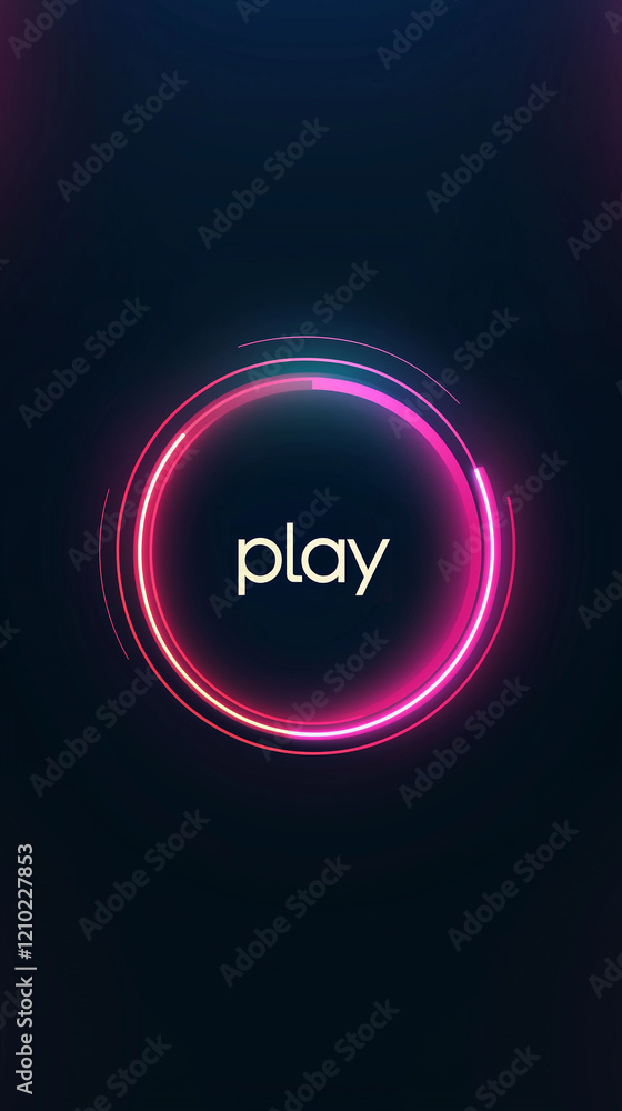 Poster a glowing circular button with the play button in the center, set against a dark background, suggest