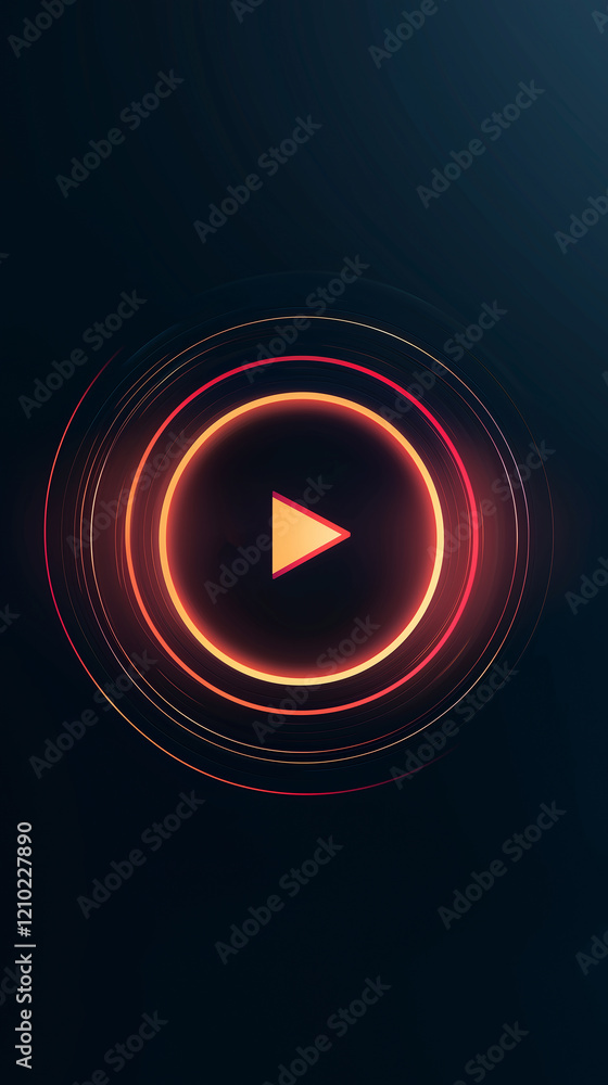 Poster circular play button design with glowing effects on a dark background, ideal for video or multimedia
