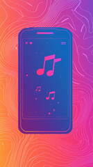Colorful smartphone with music notes displayed on the screen, set against a vibrant gradient background.