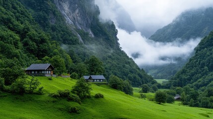 Fototapeta premium Small wooden cabins sit on a lush green hill in a misty mountain valley.