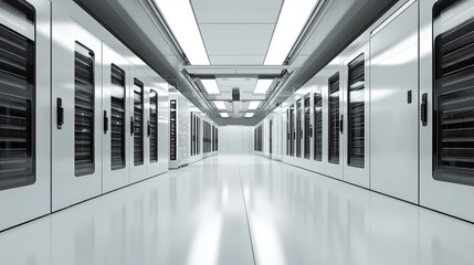 A sleek server room with rows of illuminated servers and cables, modern and organized environment with high-tech infrastructure, Futuristic style