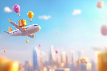 Cartoon airplane flying over cityscape dropping packages urban environment digital art bright daylight aerial view fun concept