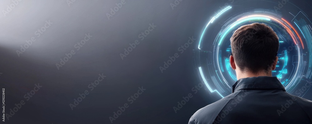 Poster a person stands facing a futuristic digital interface, surrounded by glowing circular elements and a