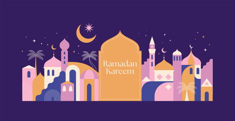 Ramadan Kareem background in flat style. Modern Islamic greeting card template and wallpaper design. Poster and media banner illustration