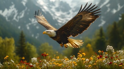 Obraz premium Majestic eagle soaring over a pristine mountain landscape, with snow-capped peaks and vibrant wildflowers below, realistic 8K resolution,